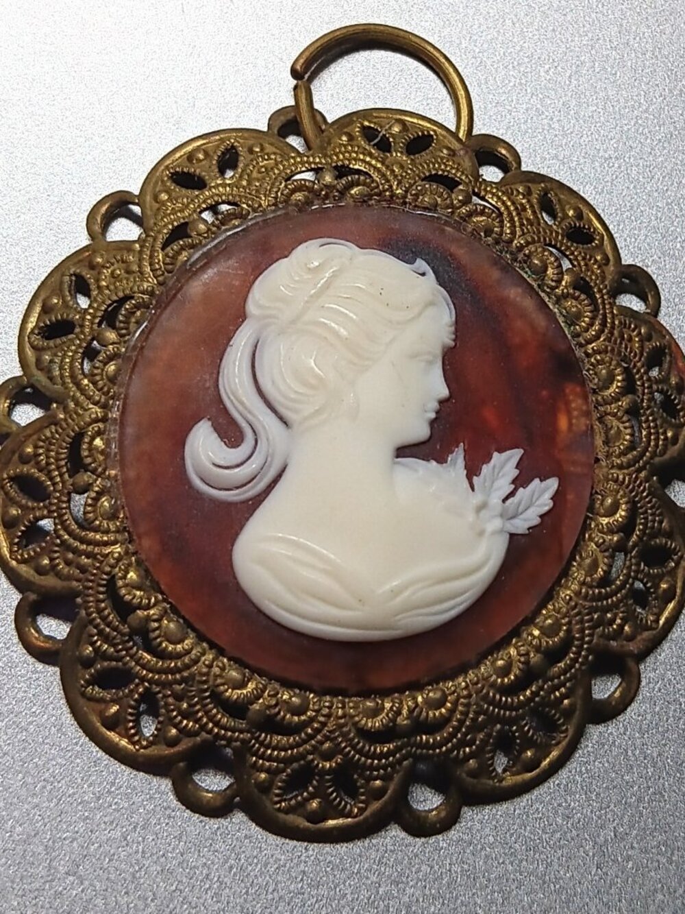 Vintage 1960s "Ponytail Girl" Cameo Pendant – Ornate Brass Filigree Victorian Re
